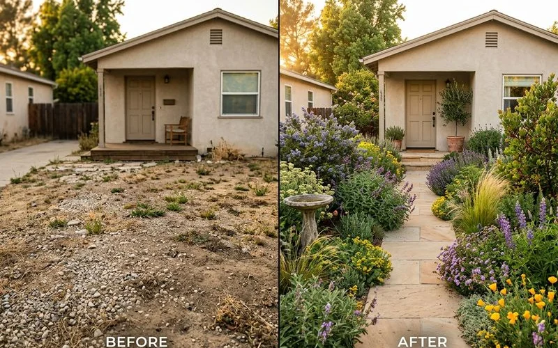 Before and after: a sparse rock-only yard versus a mature designed drought garden