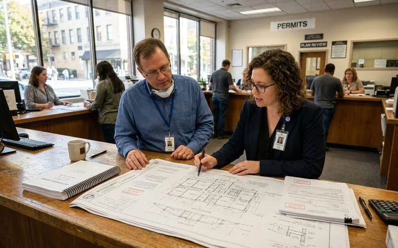 Wall drawings and geotech report at a city permit counter