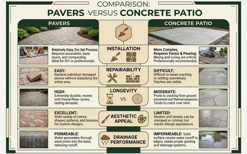 Comparison chart of pavers vs concrete across install, repair, longevity, and aesthetics