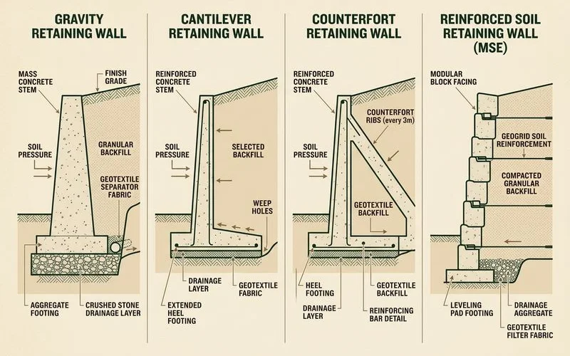 Cross-section diagrams of four retaining wall systems