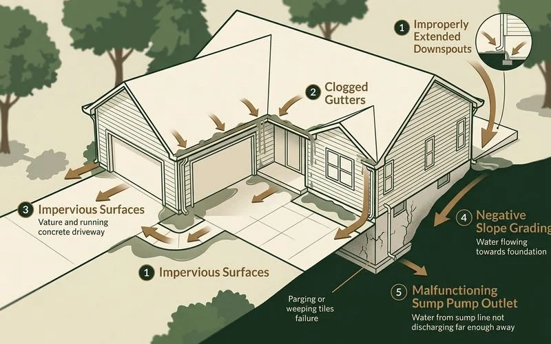 Diagram of common drainage failure points around a house