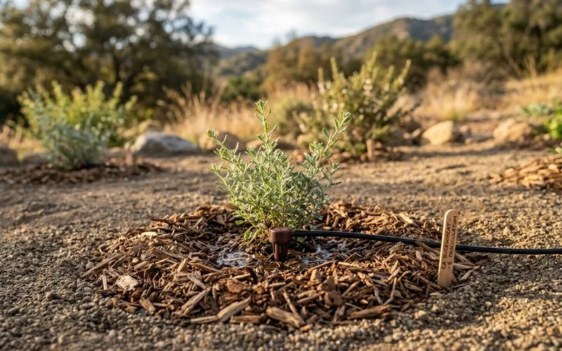 Drip-irrigated young native plant with mulch ring in fresh decomposed granite, early establishment