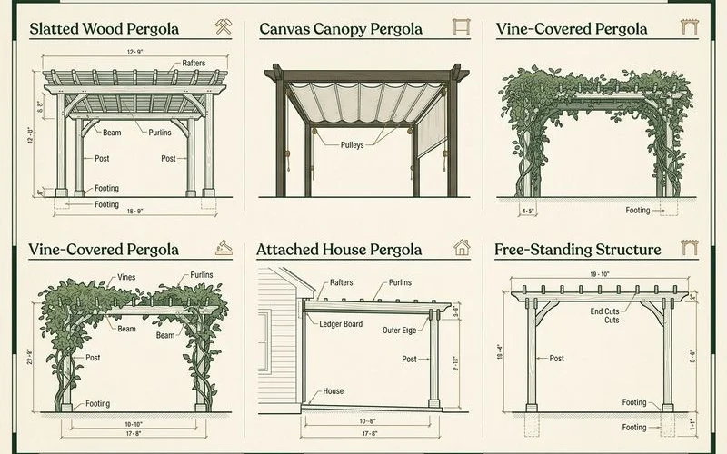 Five pergola styles compared — slat, canvas, vine, attached, free-standing