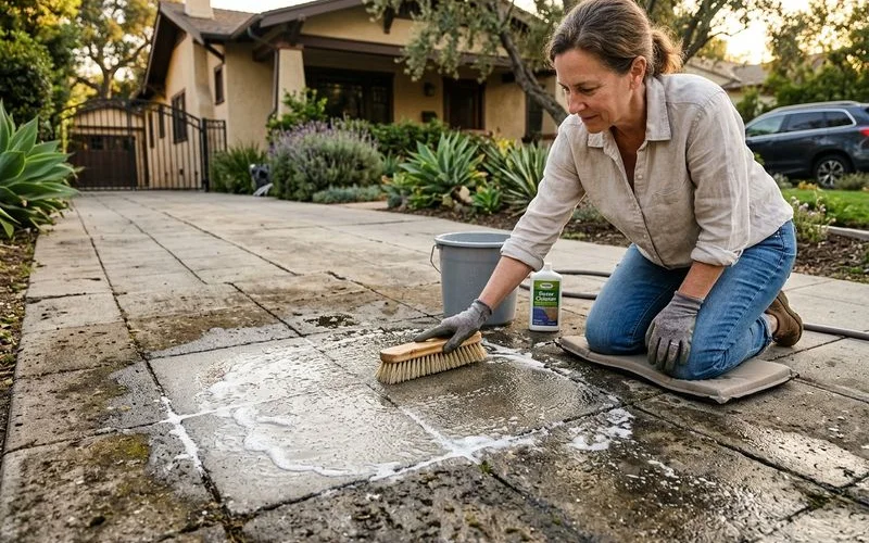 Homeowner scrubbing dirty concrete pavers with a nylon-bristle brush on a Pasadena driveway