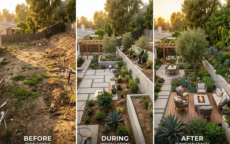 Phased before/in-progress/after sequence of an LA back yard build