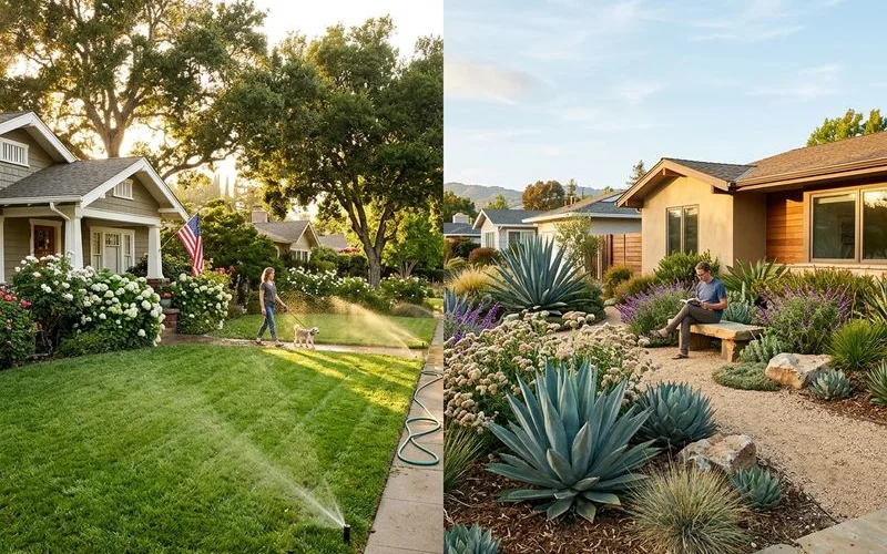 Side-by-side comparison of a traditional lawn versus a designed drought yard with agaves and natives