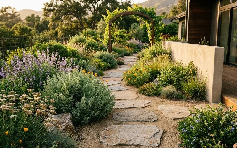 Stepping-stone path through a drought-tolerant California native softscape garden in a San Gabriel Valley backyard