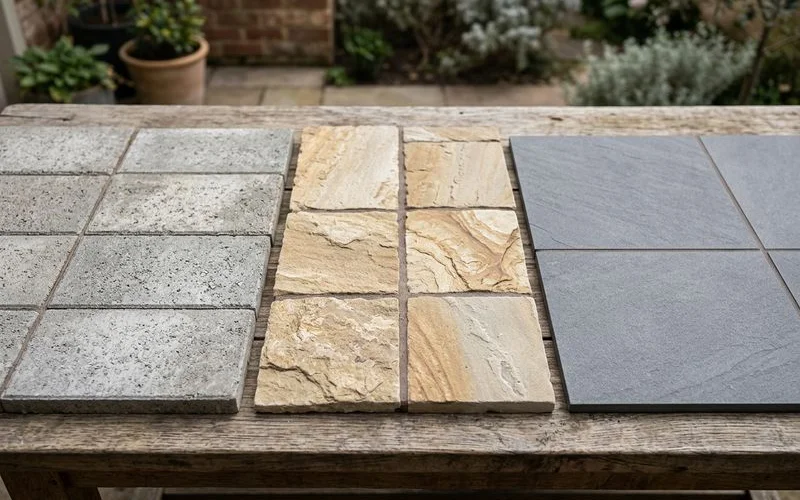Three paver types side by side: concrete, natural stone, porcelain