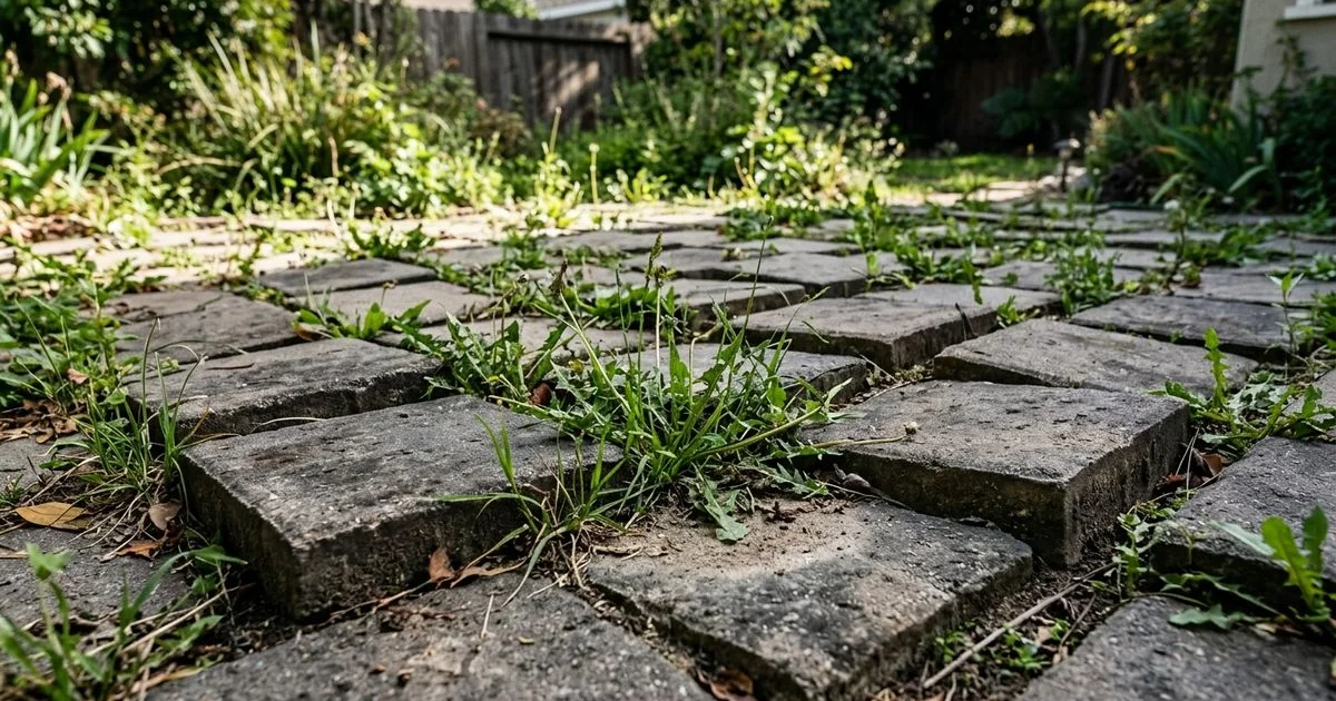 Failed paver patio with shifted units and weed growth in joints
