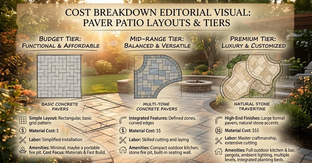 Cost breakdown of paver patio pricing tiers overlaid on a yard plan