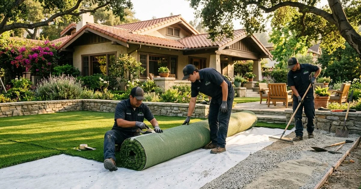 Crew installing artificial turf with sub-base aggregate and geotextile