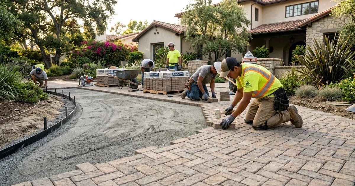 Crew laying Belgard pavers in herringbone pattern over compacted sub-base in Pasadena