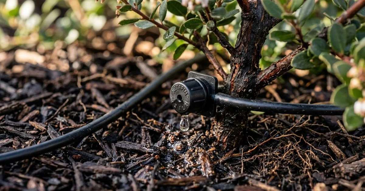 Drip emitter at the base of a California native plant with mulch