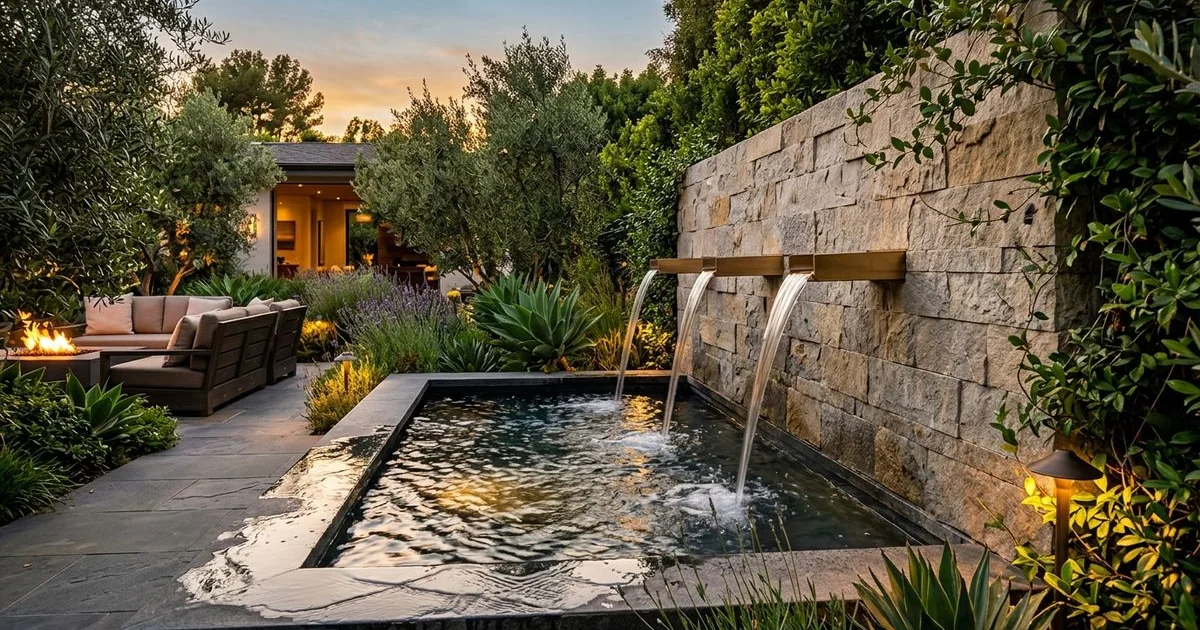 Modern scupper wall water feature with three spouts in a Beverly Hills backyard at evening
