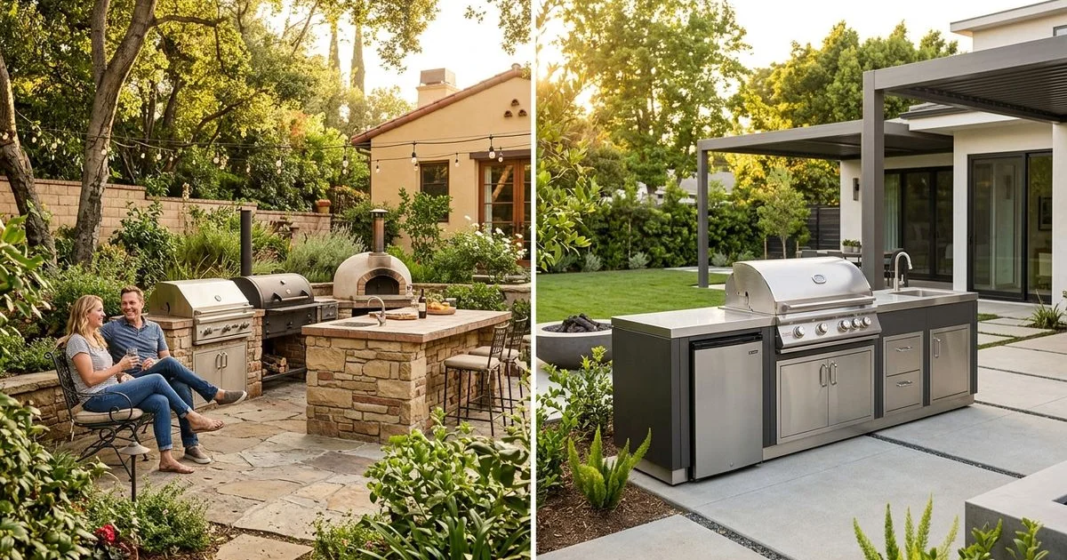 Side-by-side comparison of a custom built-in BBQ and a modular outdoor kitchen