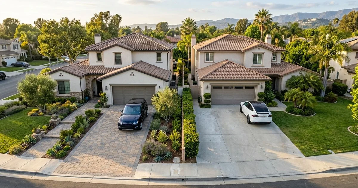 Side-by-side comparison of a paver driveway and a poured concrete driveway