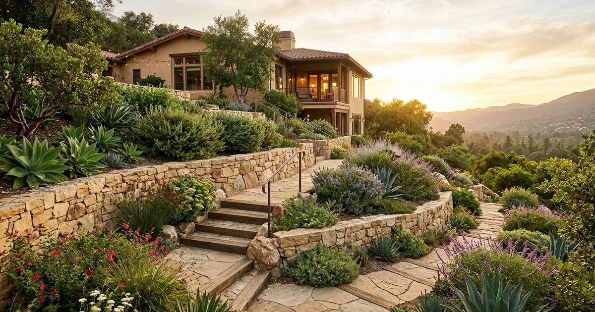 Terraced hillside drought garden in La Cañada Flintridge with low retaining walls and mature natives
