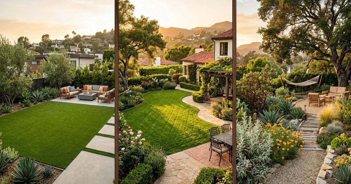 Three-panel comparison of artificial turf, sod, and drought landscape in mature LA backyards