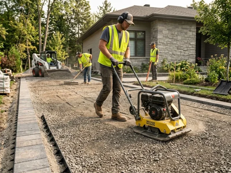 Crew compacting aggregate sub-base before laying pavers, ICPI standard