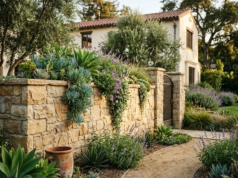 Stone-faced CMU garden wall at a San Marino heritage home