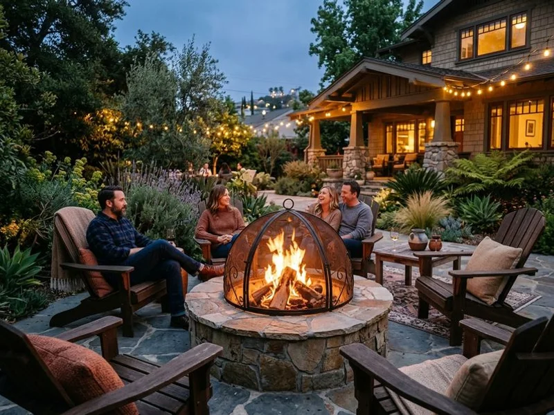 Wood-burning fire pit with iron spark screen in Glendale